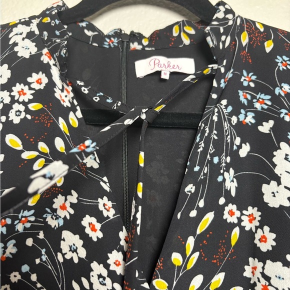 Parker Black and White Flutter Sleeve V-Neck w/ Tie Tiered Mini Dress. Back Zip - Picture 2 of 16